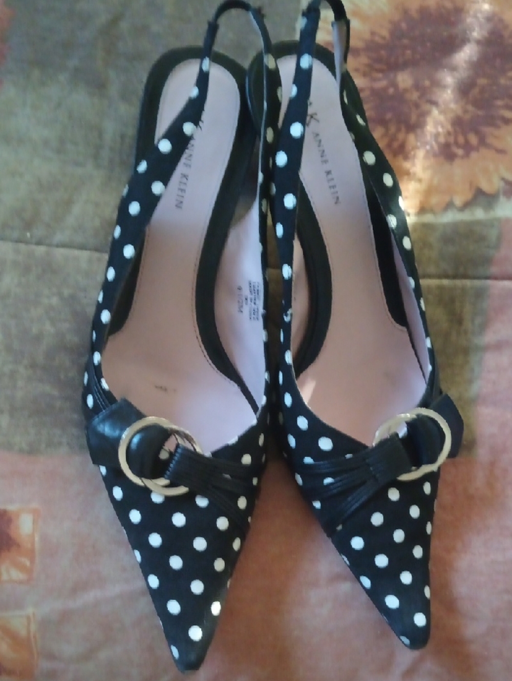 AK Anne Klein Black And White Polka Dot Sling Back Pointed Shoes